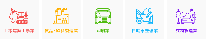 土木建築工事業 食品・飲料製造業 印刷業 自動車整備業 衣類製造業